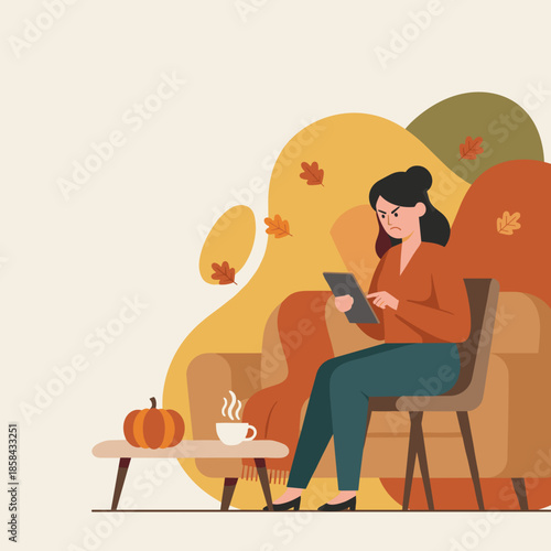 Frustrated woman using tablet at home in cozy autumn setting with pumpkin and hot drink