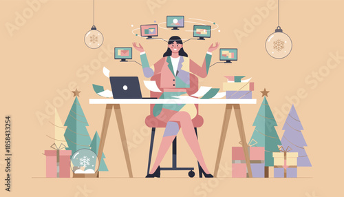 Professional woman efficiently managing digital tasks amidst festive Christmas decorations Holiday work balance