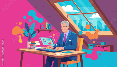 Focused senior professional working on technology in a vibrant stylish attic home office with a city view