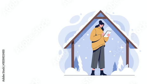 Cozy woman using tablet inside a snowy Aframe home Winter vacation remote work or technology illustration