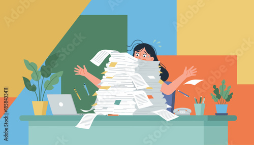 Stressed office worker buried under a massive pile of documents and bureaucracy