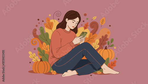 Cozy fall scene Young woman texting on her smartphone amidst autumn leaves and pumpkins