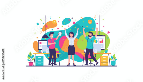 Energetic team celebrating a major business win and financial goal achievement