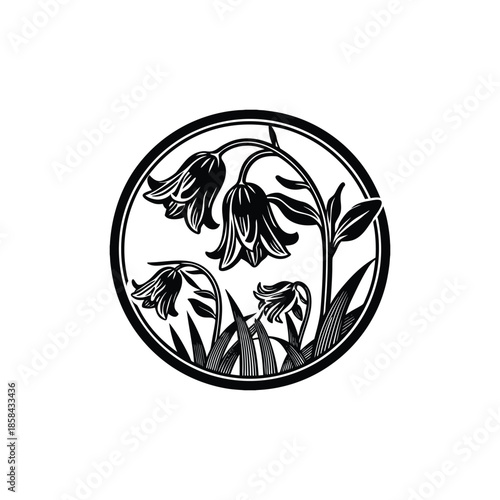 Stylized black and white bellflower illustration in a circular frame design