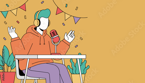 Young host recording a celebration podcast episode in a colorful studio Digital broadcasting concept