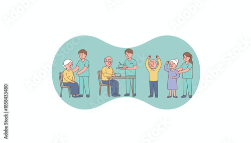 Professional caregivers helping elderly people with meals exercise and dedicated support