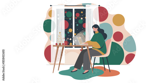 Woman working from home during Christmas holidays using a laptop Festive remote work illustration