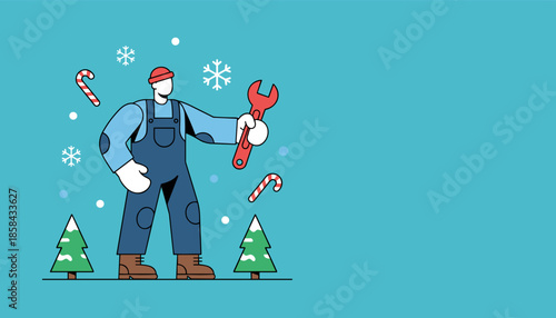 Holiday service worker holding a wrench with snow and candy canes