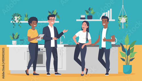 Diverse business team chatting in a bright modern office kitchen or home break area