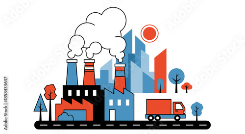 Factory and city illustration with truck symbolizing production pollution and urban industry supply chain