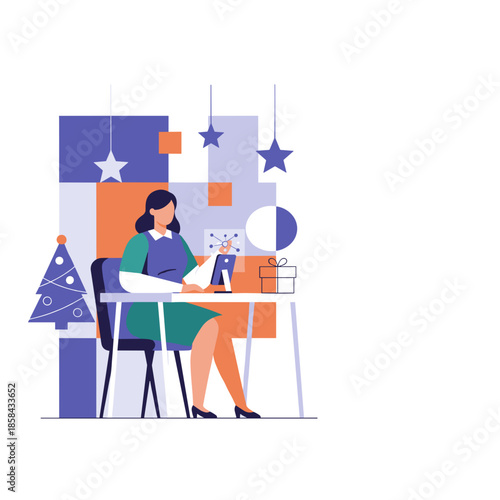 Businesswoman working remotely during Christmas and New Year holidays using technology