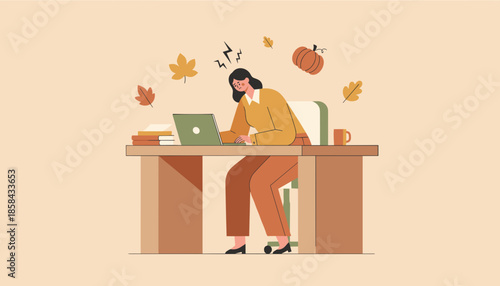 Burnout stress Woman working heavily on a laptop at a fallthemed desk Overworked office worker concept