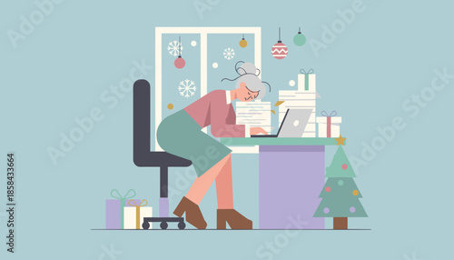 Businesswoman stressed and overloaded with work deadlines during the busy Christmas holiday season