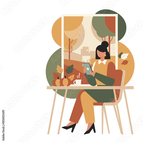 Woman uses phone while enjoying coffee and fall view Cozy autumn digital lifestyle