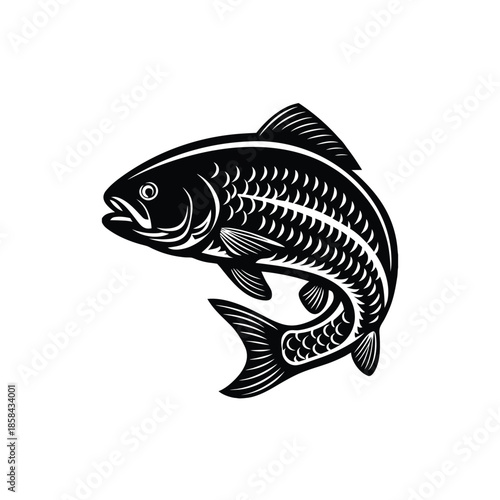 A dynamic black and white vector illustration depicting a leaping fish, possibly a trout or salmon, in a stylized art style.