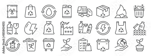 Collection of Recycle Icons on White Background Vector Set Radiation Bag Water Can Truck Box Fire Trash Bottle Lightning Waste Factory Plastic Battery Earth Plant and More