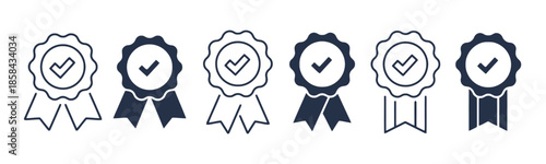 Collection of Quality Seal Icons in Various Designs Featuring Ribbons and Check Marks Representing Certification Guarantee and Approval