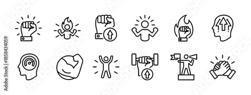 Collection of Self Empowerment Icons Representing Strength Motivation and Personal Growth Achieving Goals on White Background Exactly 200 Characters for Microstock