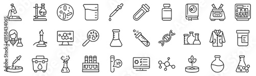 Collection of Science and Laboratory Icons in Line Style for Research, Experiment, Analysis, Medical, Biology, Chemistry, Technology, Innovation, and Pharmaceutical Studies