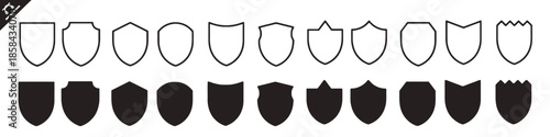 Collection of Shield Icons in Various Shapes and Styles Representing Security Protection and Defense in Both Outline and Solid Black Versions on Isolated White Background