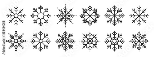 Collection of Snowflake Winter Decoration Elements for Christmas Holiday Season With Geometric Shapes and Line Art Style as Vector Graphic