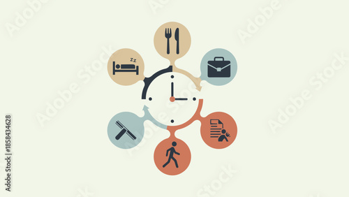 Time management concept with daily activities icons.