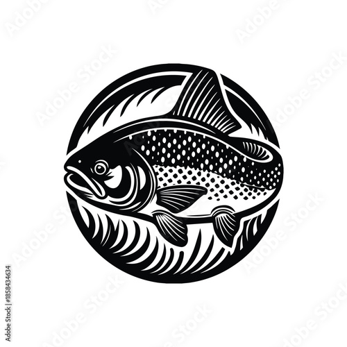 A dynamic black and white illustration of a spotted trout swimming in a circular frame