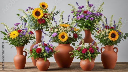 Wallpaper Mural Assortment of wildflowers arranged in terracotta vases on a wooden table Torontodigital.ca