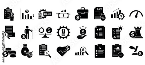 Financial issue related icon collections. Containing loss, crisis, debt, inflation, tax, audit, bankruptcy, fraud, recession, and risk icons. EPS 10.