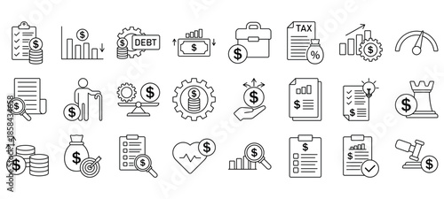 Financial issue related icon collections. Containing loss, crisis, debt, inflation, tax, audit, bankruptcy, fraud, recession, and risk icons. EPS 10.