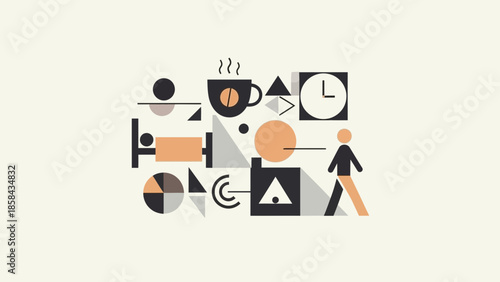 Geometric shapes forming a busy office workspace with coffee and clock.
