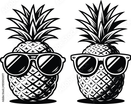 Cool Pineapple Wearing Sunglasses Illustrations, Fun Tropical Fruit Art.