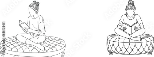 A Minimalist Black and White Line Art Illustration Set Depicting Two Women Reading Books While Seated Cross-Legged on Large Tufted Ottomans.