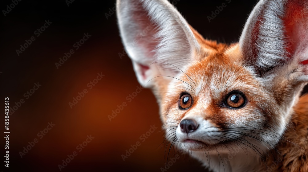 Obraz premium A close portrait of a cute fennec fox featuring large expressive ears, capturing its playful spirit against a softly blurred background representing wild nature and curiosity.