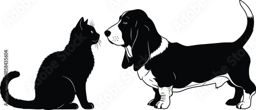 Dog and cat facing each other silhouette isolated on white background friendship pets animals black vector illustration design