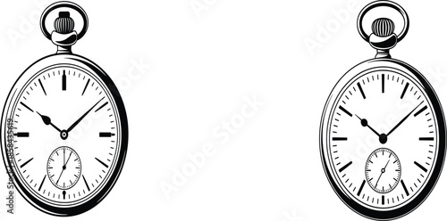 High-Contrast Black and White Vector Line Art Set Featuring Two Detailed Mechanical Pocket Watches with Roman Numeral Style Markers and Seconds Sub-Dials.