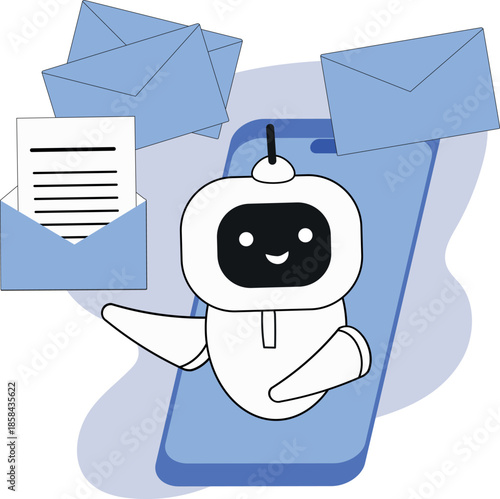 Cute robot, email newsletter, AI support, messenger automation, machine intelligence, correspondence optimization. Information processing, automatic response, letter in an envelope, assistant app