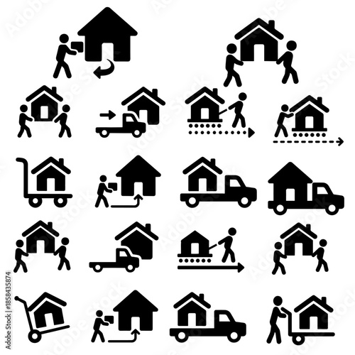 Moving service icon set with house transport, manual labor
