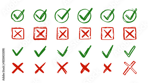 Set of hand drawn green check marks and red cross marks for voting, selection, approval, rejection, and confirmation in various styles