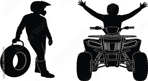 High-Contrast Vector Silhouettes of an Off-Road Rider Standing Beside a Large Tire and a Driver with Raised Arms on an All-Terrain Vehicle.