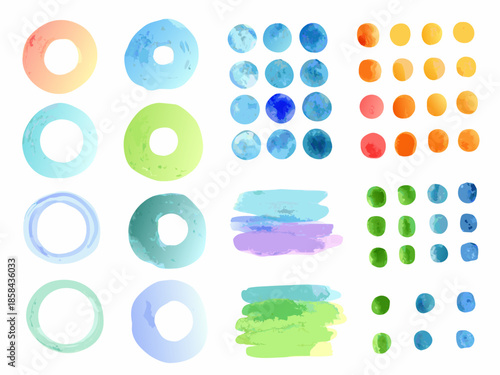 Colorful watercolor paint splatters and circles arranged in neat rows and columns