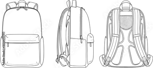 Backpack line art illustration front side and back views isolated vector outline design for school travel hiking bag