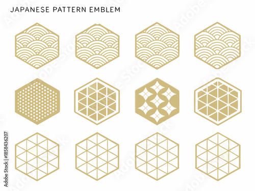 Collection of traditional japanese geometric patterns and emblems in gold tones