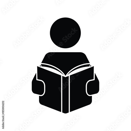 a simple black silhouette depicts a person engrossed in reading an open book suggesting knowledge and learning high quality professional detailed