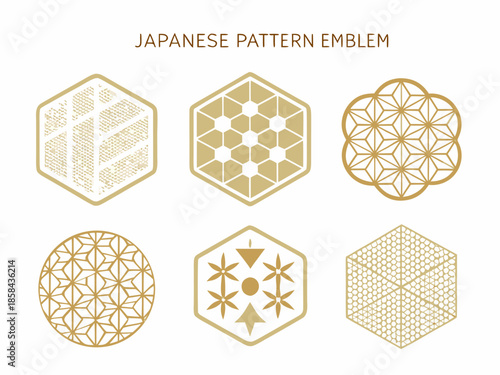 Elegant japanese geometric patterns and emblems in a golden color scheme