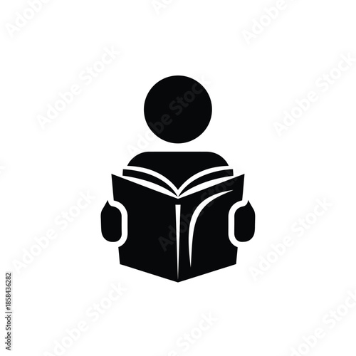 a simple black and white icon depicts a person deeply engrossed in reading an open book symbolizing knowledge high quality professional
