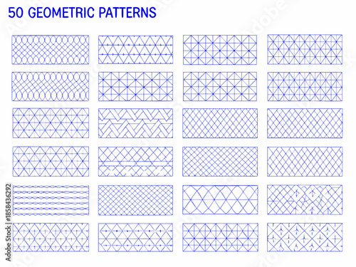 An array of fifty distinct geometric patterns displayed in a grid arrangement