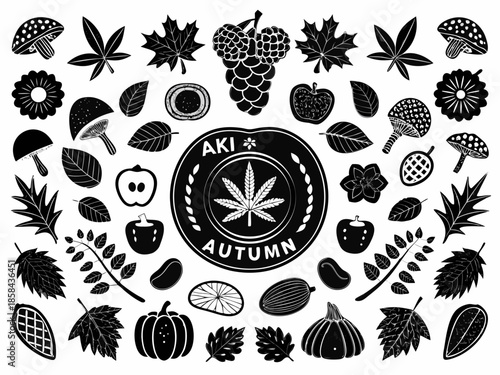 Autumn harvest illustration featuring mushrooms fruits leaves and a central emblem