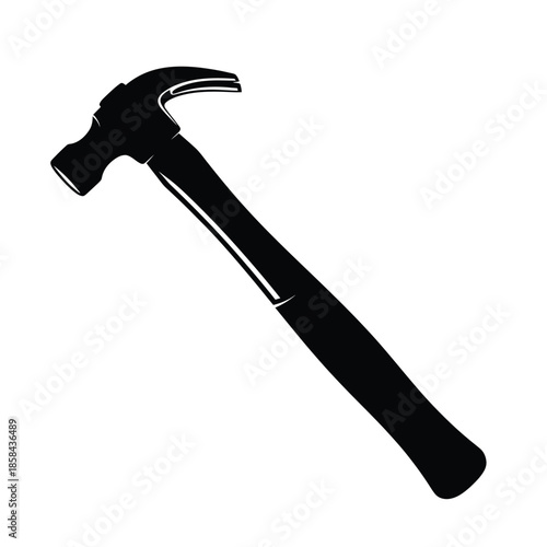 A stark black and white silhouette depicts a standard claw hammer angled diagonally showcasing its tool design and functionality for construction