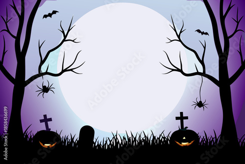 Spooky halloween landscape with a full moon trees and graveyard elements